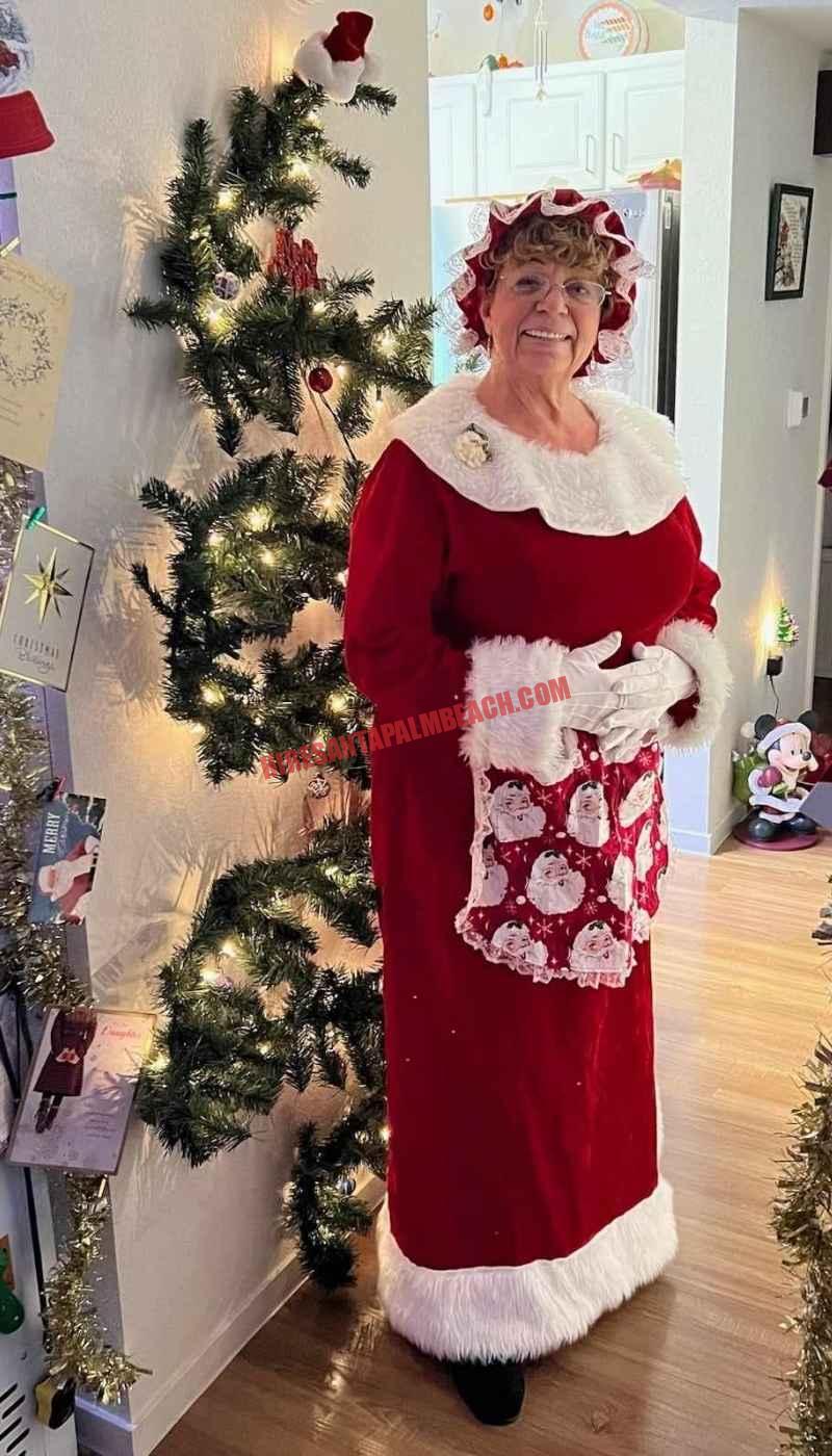 Mrs. Claus for hire standing in a hallway by a slim lit tree in a red dress and printed apron.
