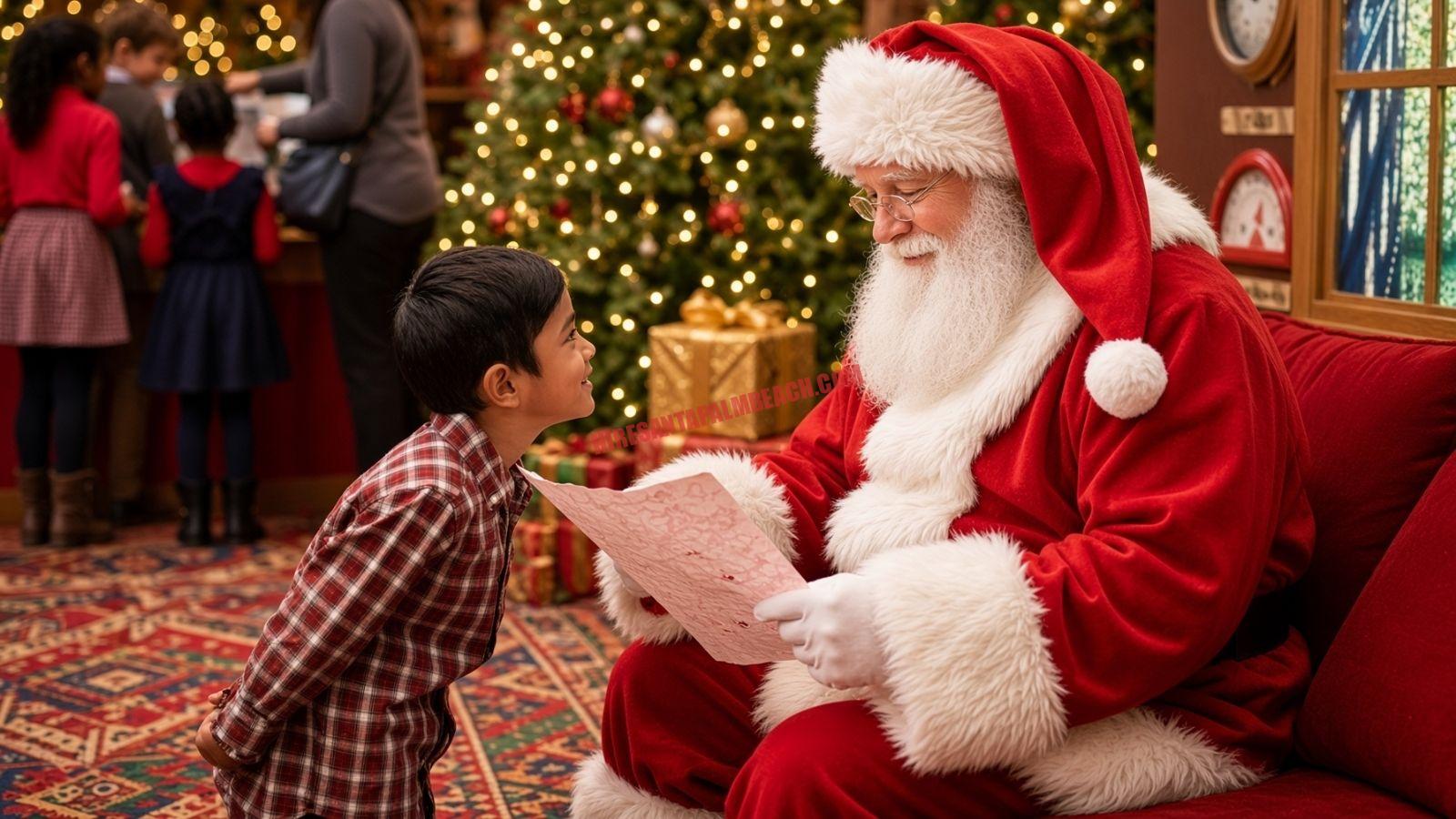 Professional Santa for hire in West Palm Beach reads a letter on a red couch with a child and gifts.